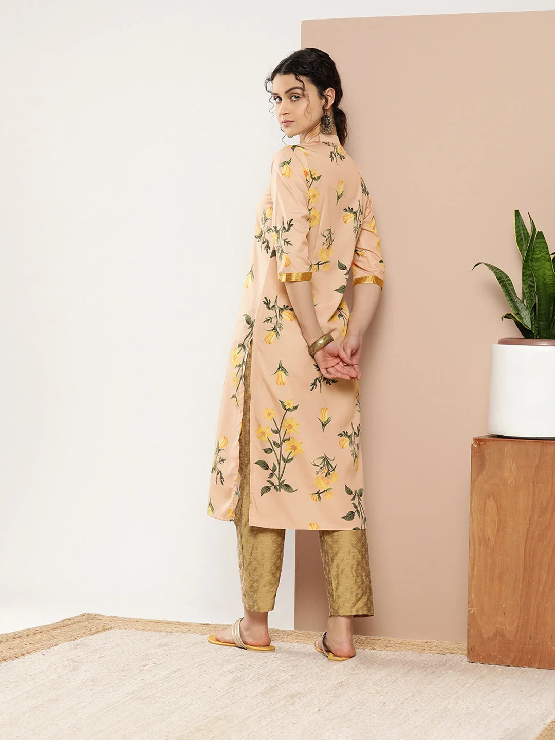 Tan & Yellow Floral Indian Kurta for Women | Gotta Patti