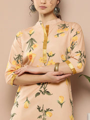 Women Tan & Yellow Floral Printed Floral Crepe Kurta-AHKUCRDP-1036-ICH