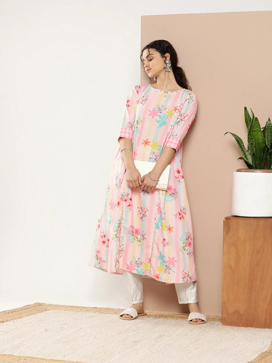 Pink & Green Floral Striped Indian Kurta for Women