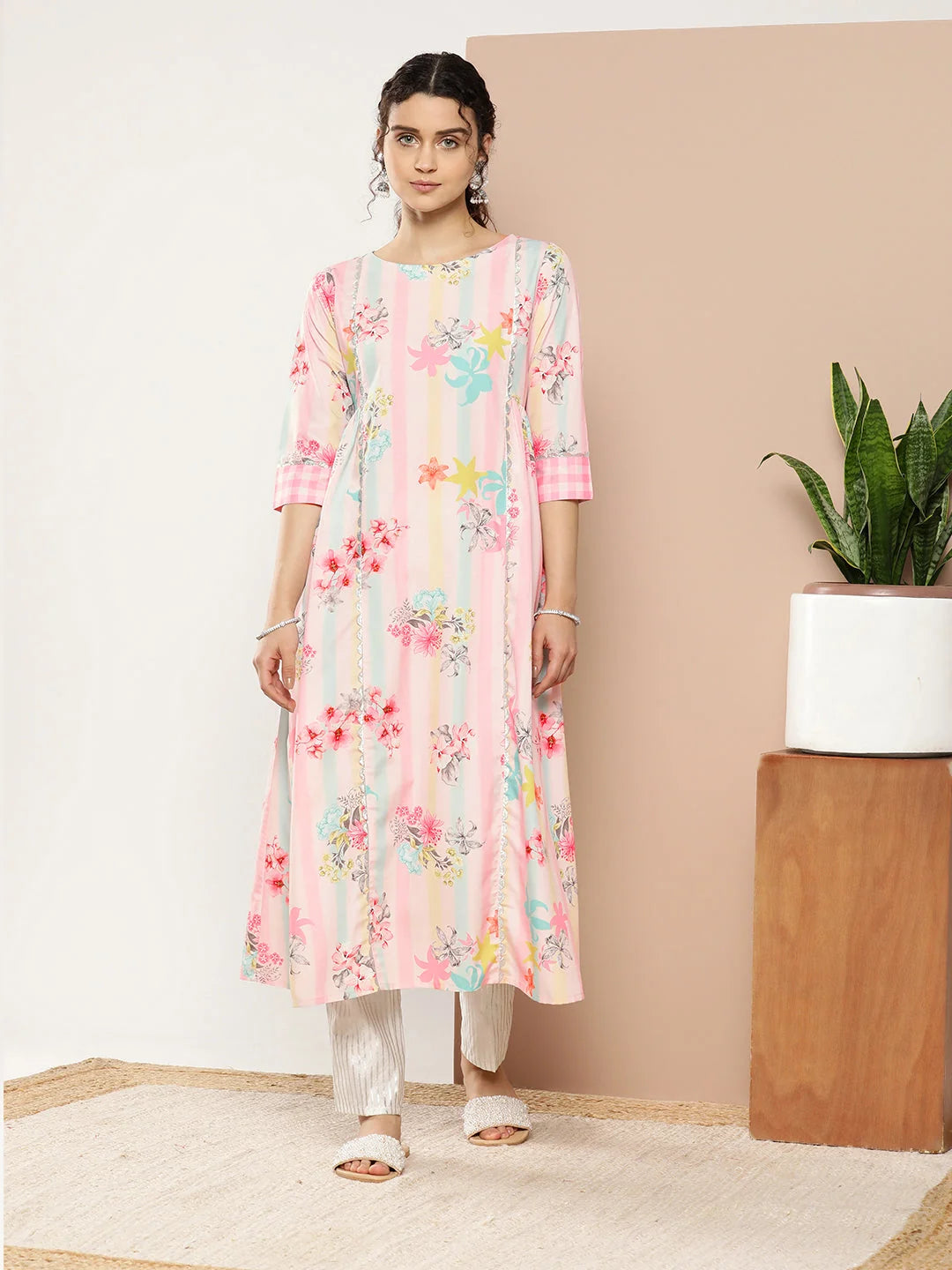Pink & Green Floral Striped Indian Kurta for Women