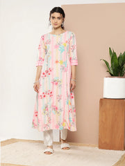 Pink & Green Printed Gotta Patti Floral Crepe Kurta-AHKUCRDP-1046-ICH