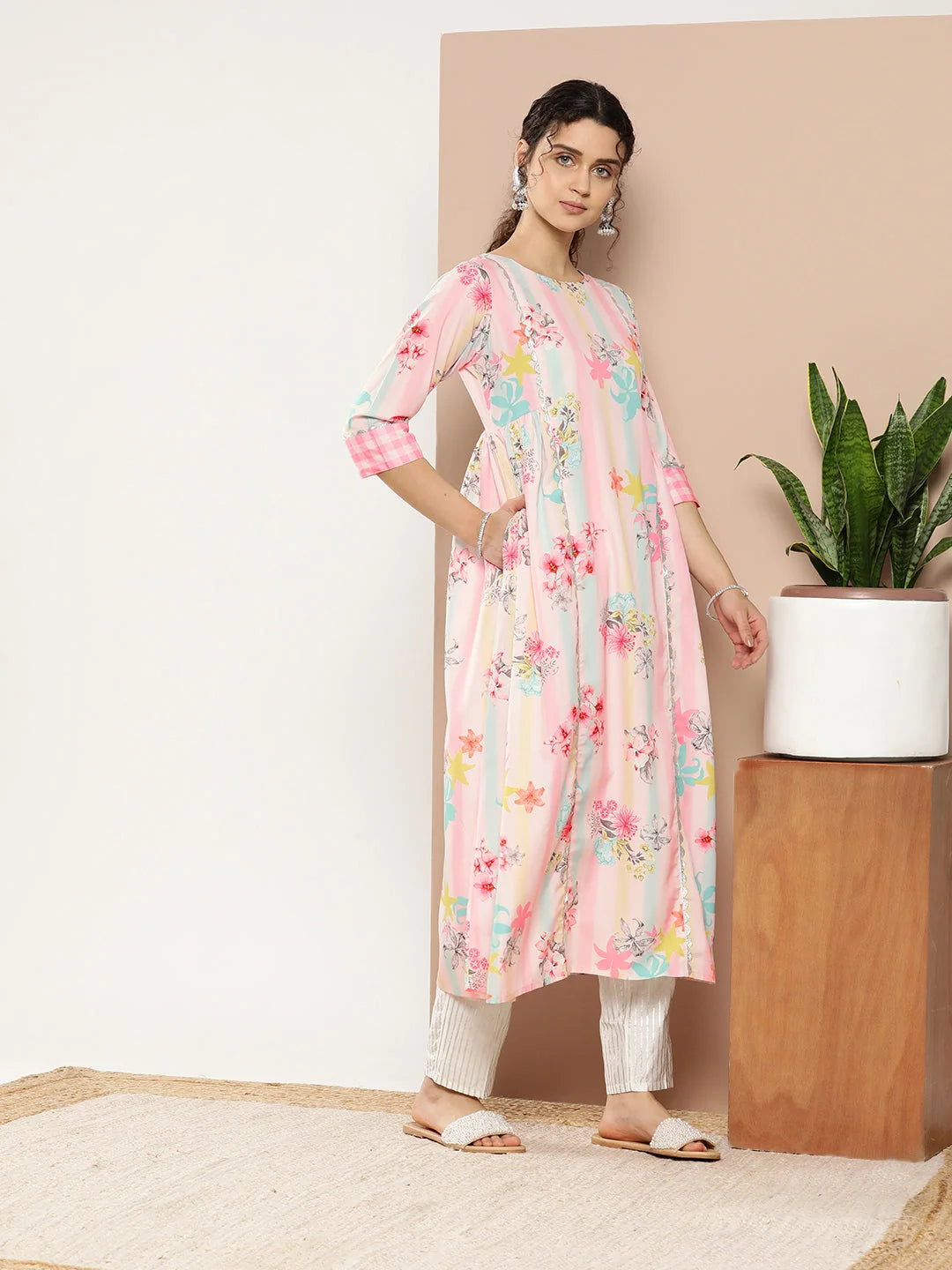 Pink & Green Floral Striped Indian Kurta for Women