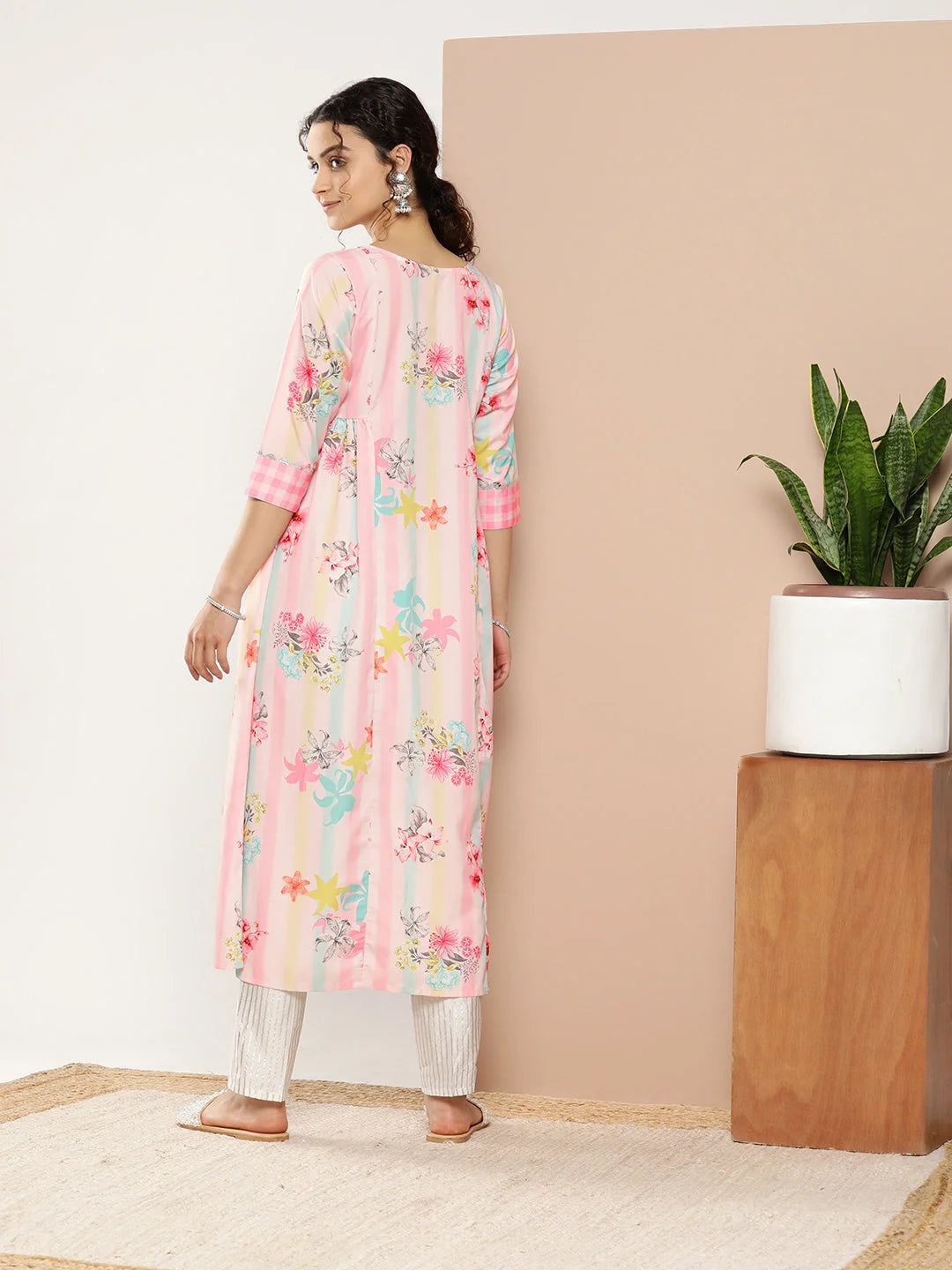 Pink & Green Floral Striped Indian Kurta for Women
