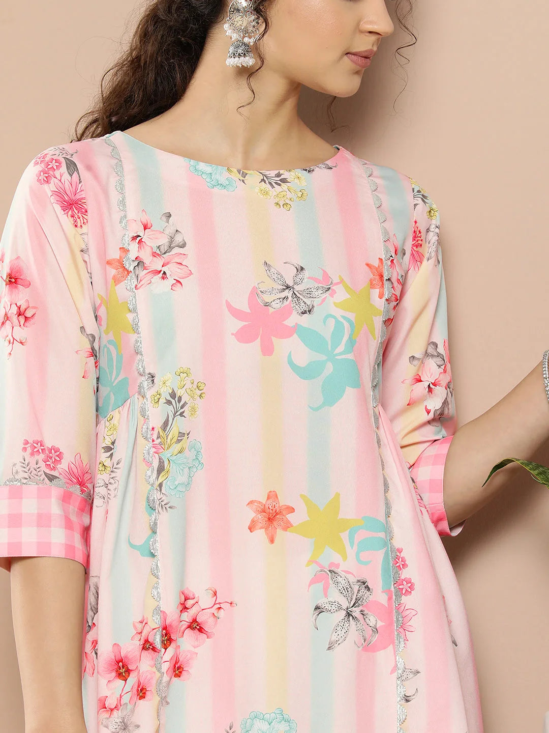 Pink & Green Floral Striped Indian Kurta for Women