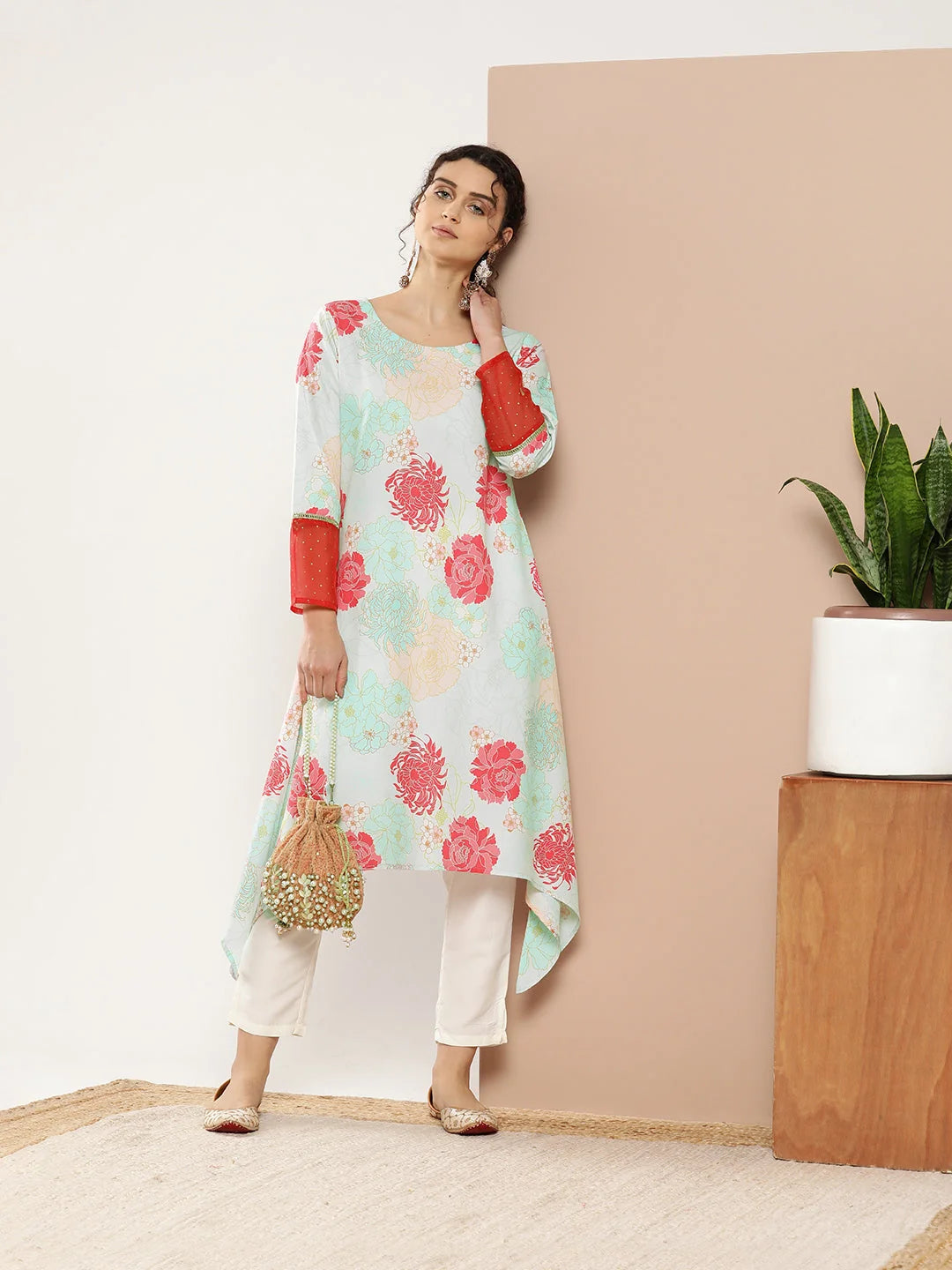Floral Printed Indian Kurta | Turquoise Blue Kurta for Women