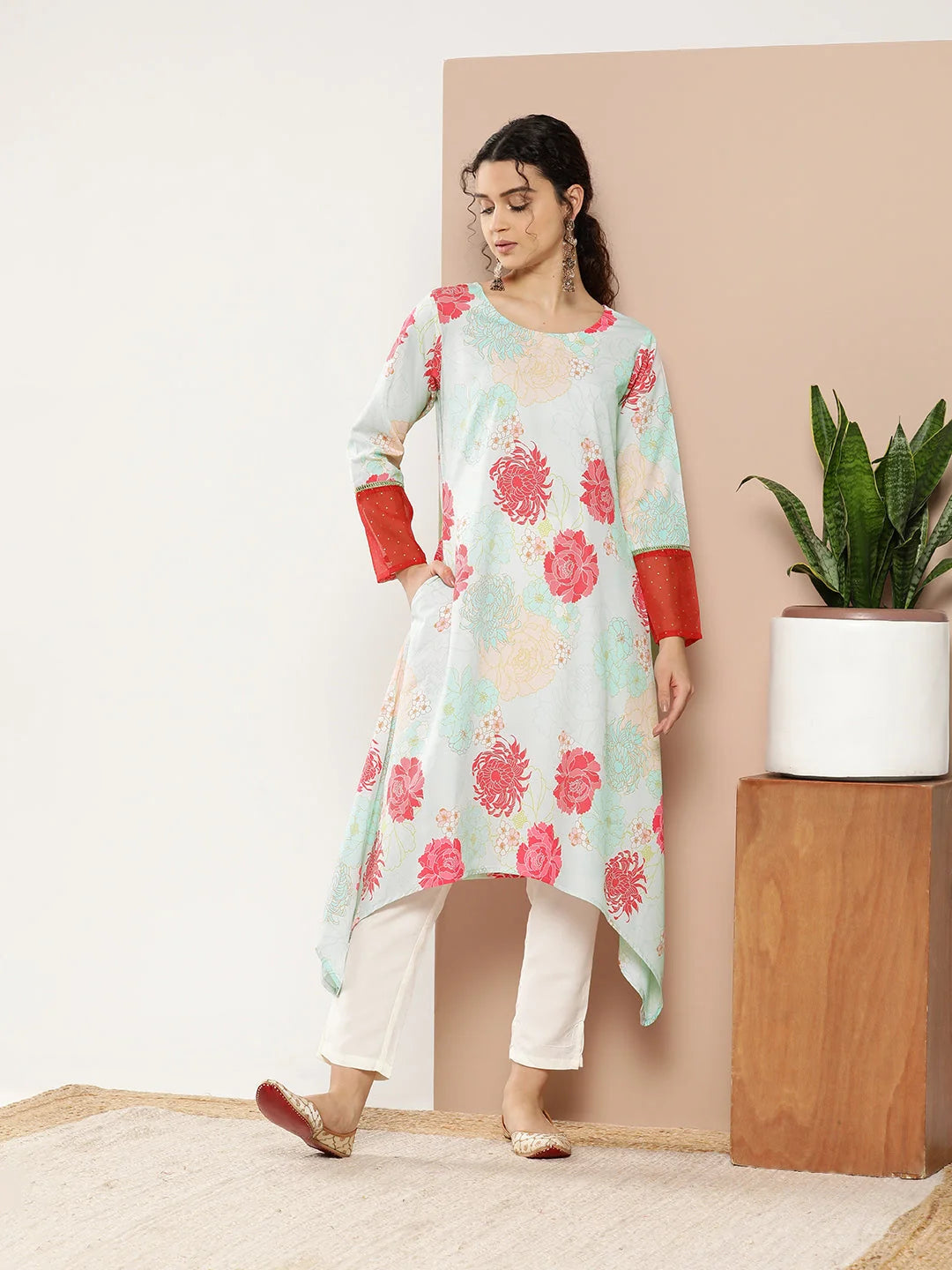 Floral Printed Indian Kurta | Turquoise Blue Kurta for Women