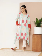 Turquoise Blue & Red Floral Printed Gotta Patti Kurta-AHKUCRDP-1047-ICH