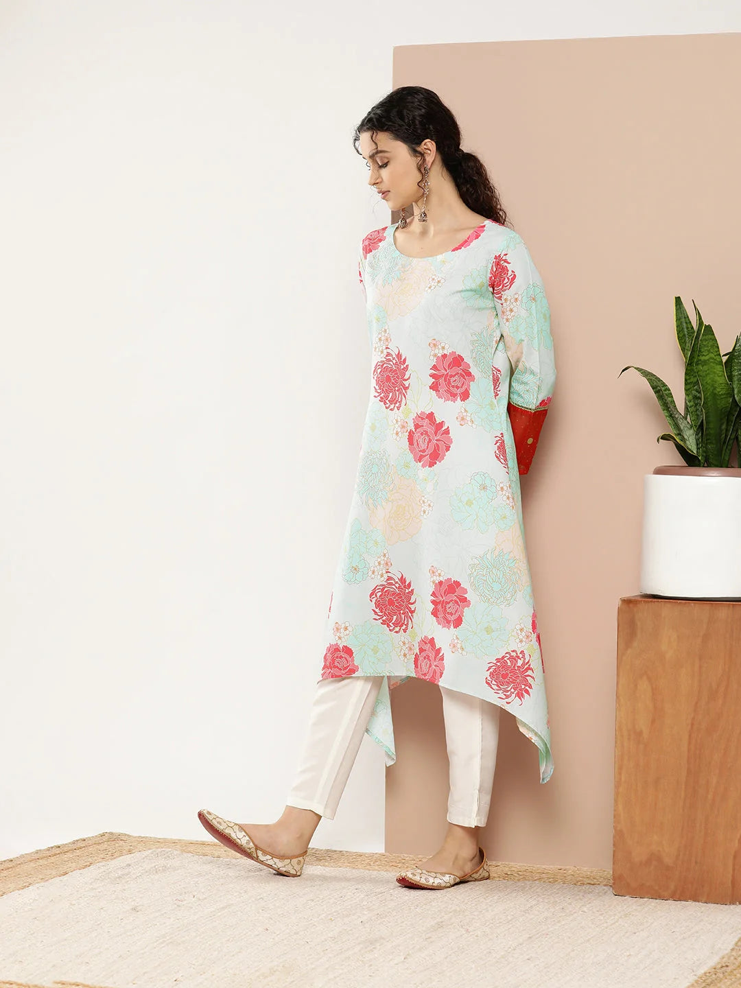 Floral Printed Indian Kurta | Turquoise Blue Kurta for Women