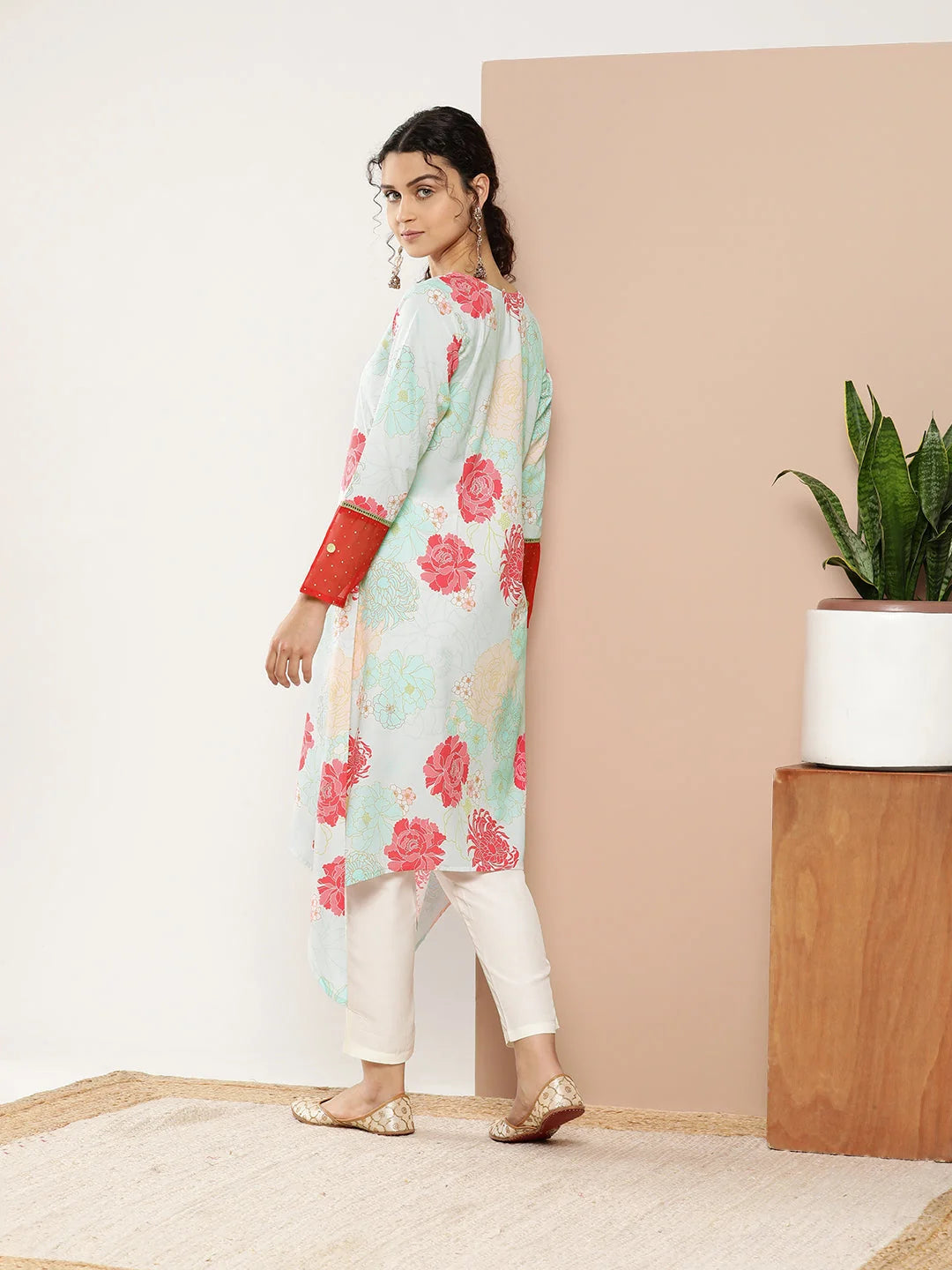 Floral Printed Indian Kurta | Turquoise Blue Kurta for Women