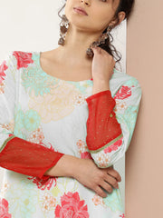 Turquoise Blue & Red Floral Printed Gotta Patti Kurta-AHKUCRDP-1047-ICH