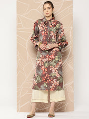 Women Brown & Orange Floral Printed Crepe Kurta-AHKUCRDP-1053-ICH