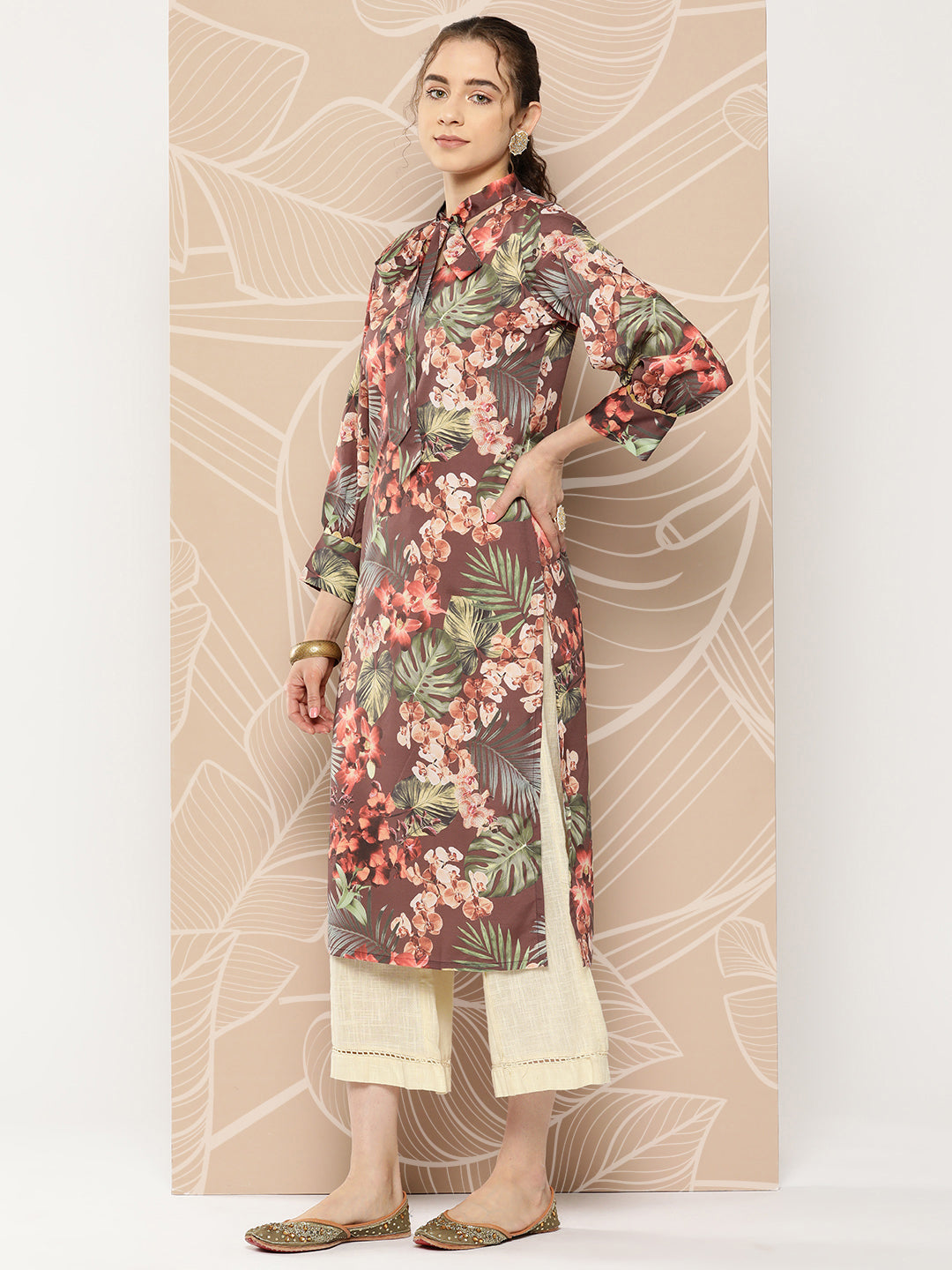Brown & Orange Floral Indian Kurta for Ladies - Unique Design