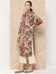 Women Brown & Orange Floral Printed Crepe Kurta-AHKUCRDP-1053-ICH