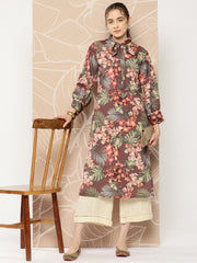 Women Brown & Orange Floral Printed Crepe Kurta-AHKUCRDP-1053-ICH