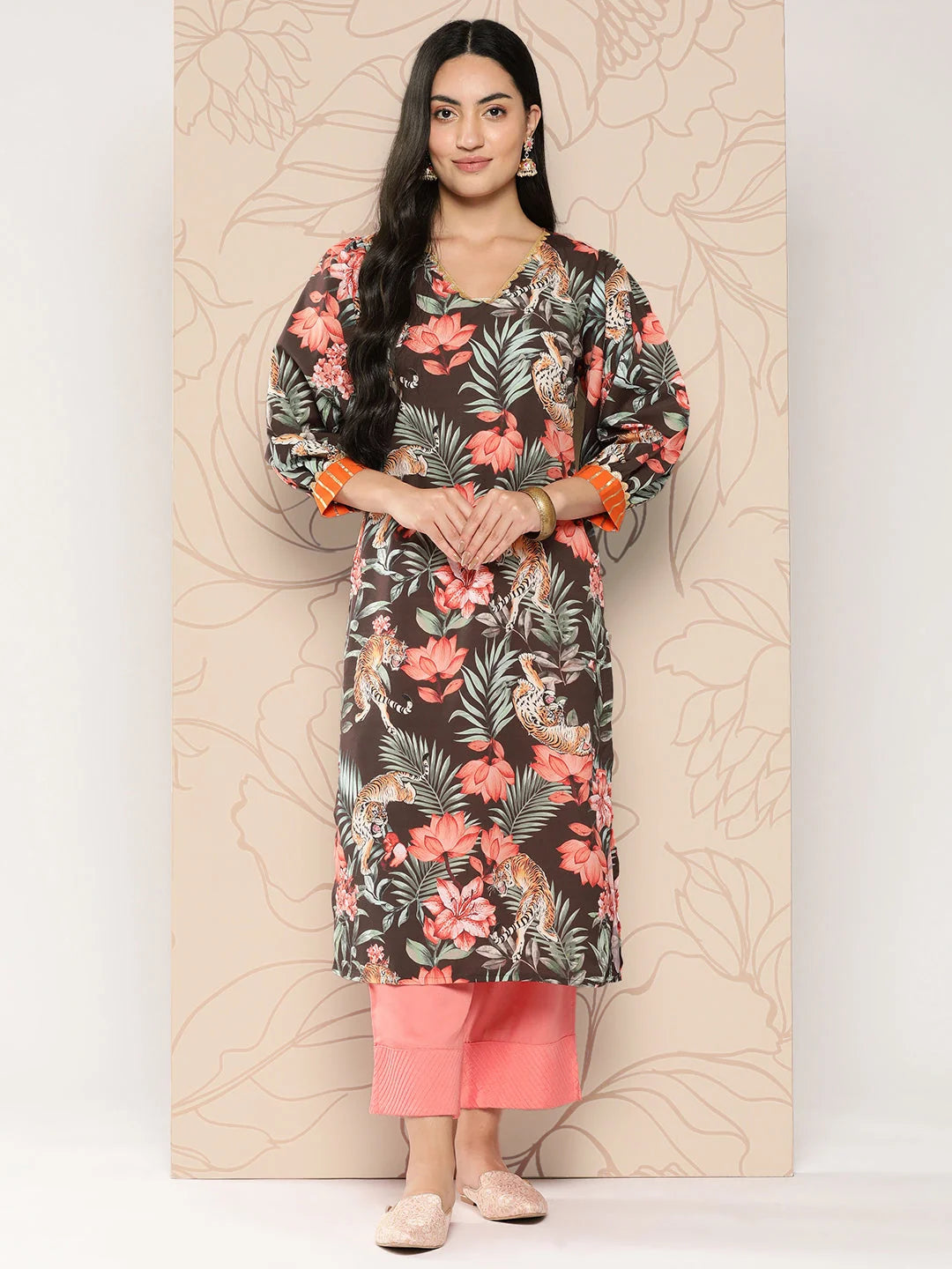 Polyester Crepe Indian Kurtis | Floral Printed Gotta Patti