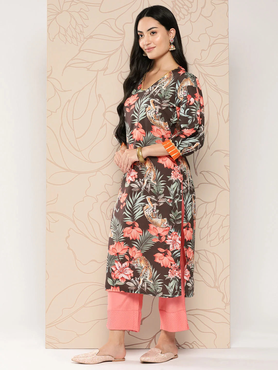 Polyester Crepe Indian Kurtis | Floral Printed Gotta Patti