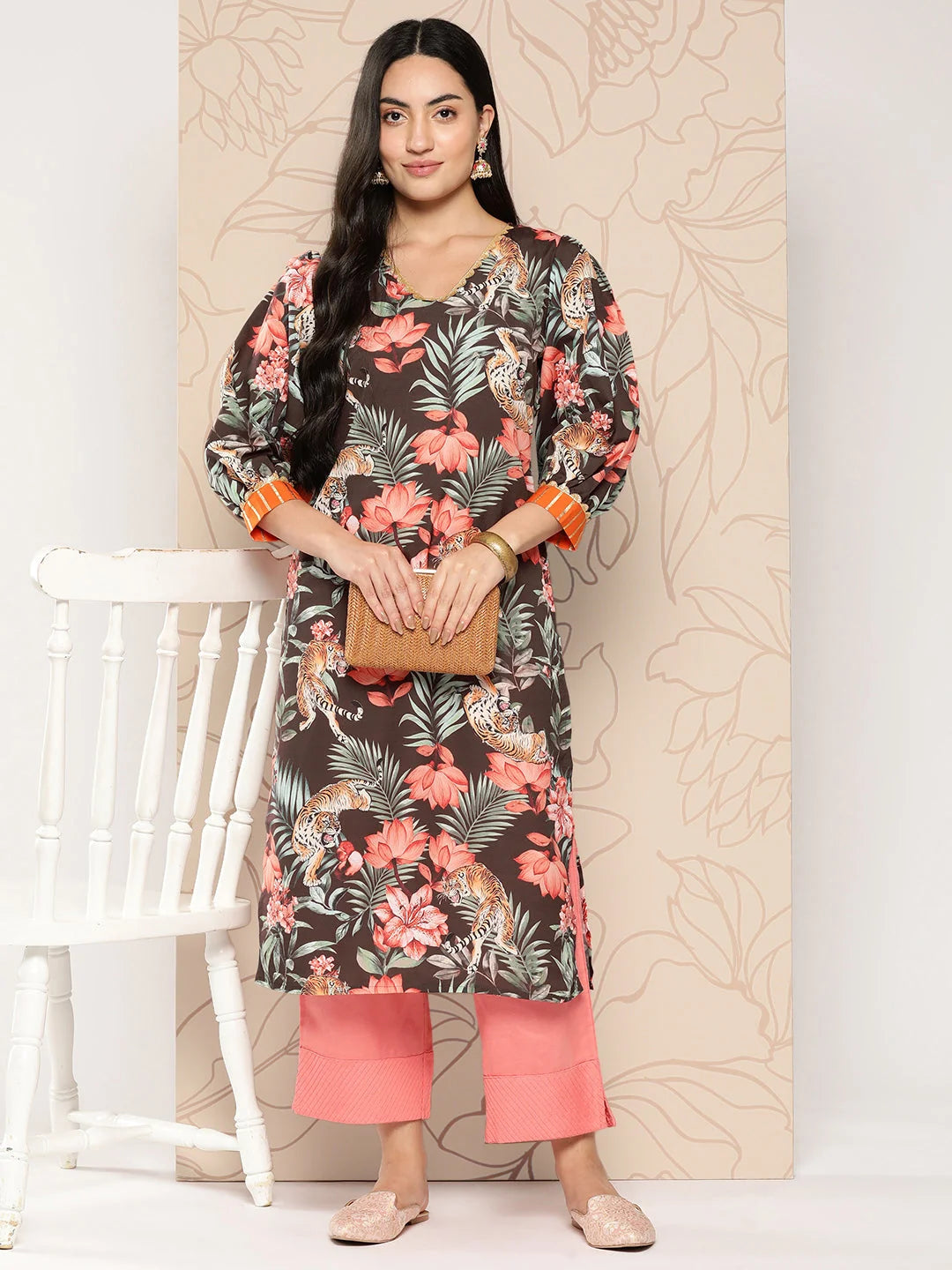 Polyester Crepe Indian Kurtis | Floral Printed Gotta Patti