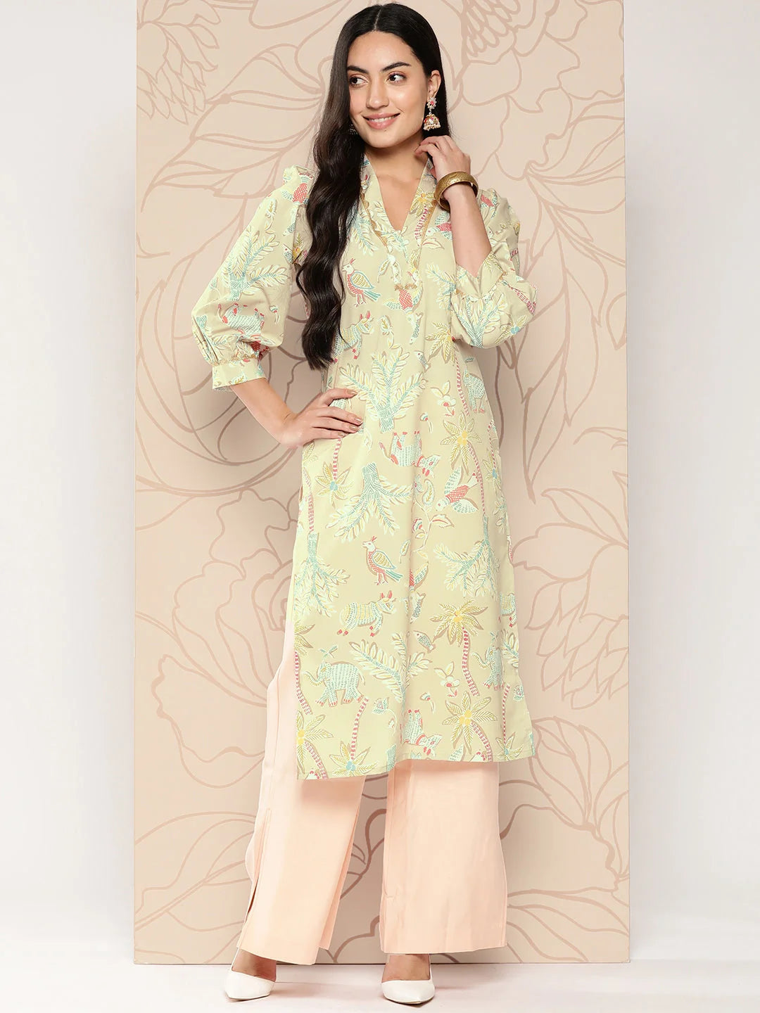 Tan Floral Printed Short Kurti with Gotta Patti - Shop Now!