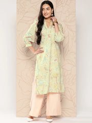 Tan Floral Printed Gotta Patti Kurta-AHKUCRDP-1062-ICH