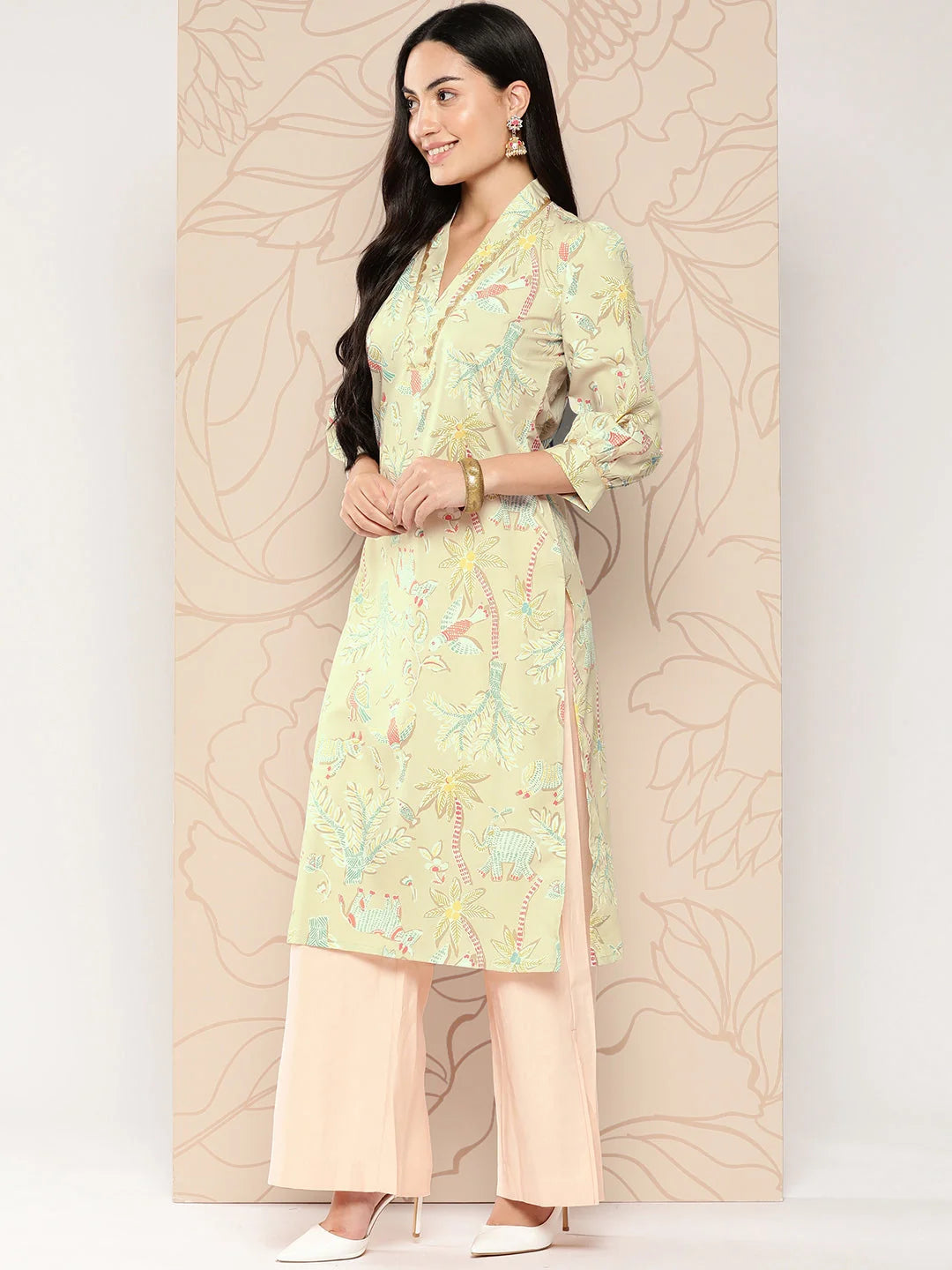 Tan Floral Printed Short Kurti with Gotta Patti - Shop Now!