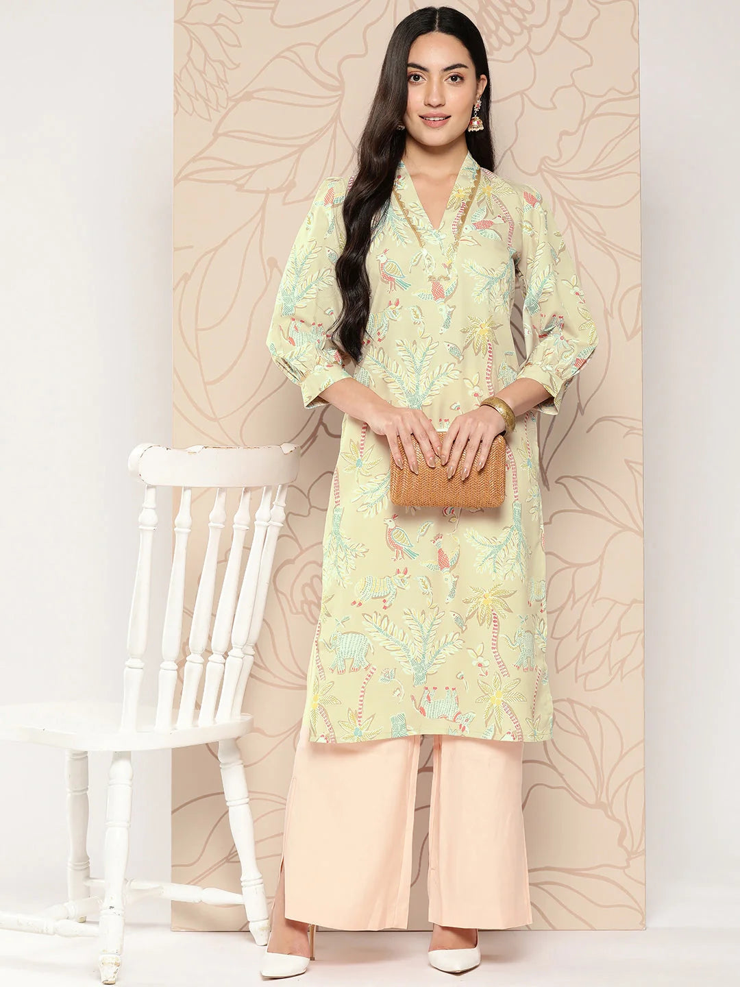 Tan Floral Printed Short Kurti with Gotta Patti - Shop Now!