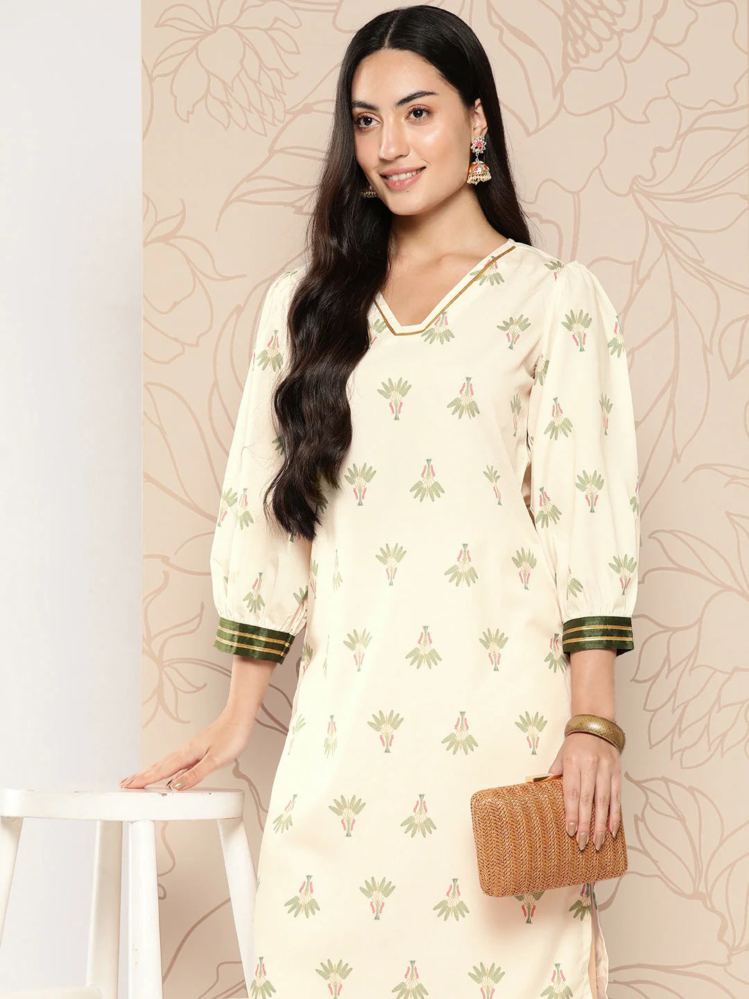Women Floral Printed Gotta Patti Crepe Kurta-AHKUCRDP-1063