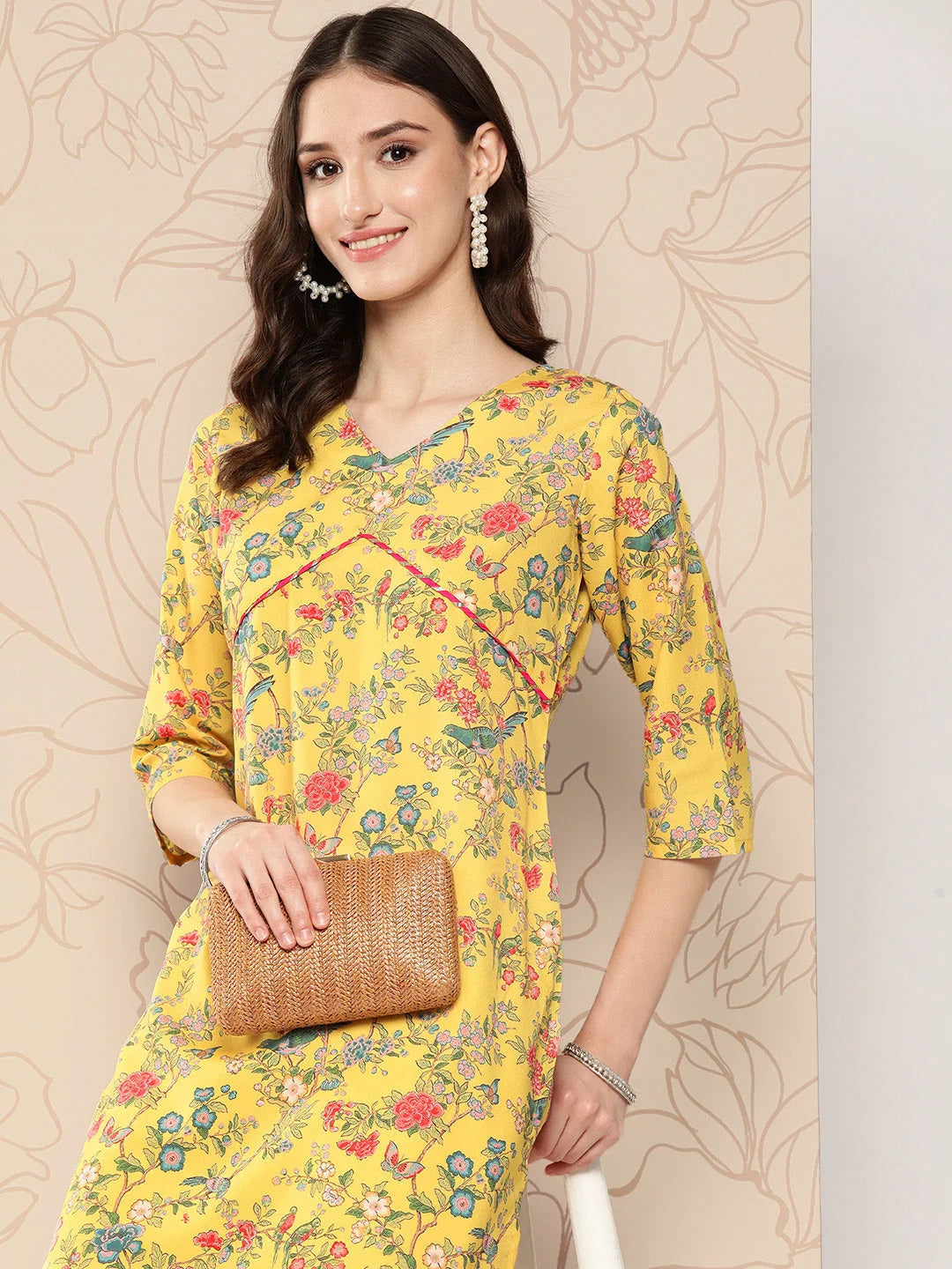 Women Floral Printed Gotta Patti Crepe Kurta-AHKUCRDP-1064