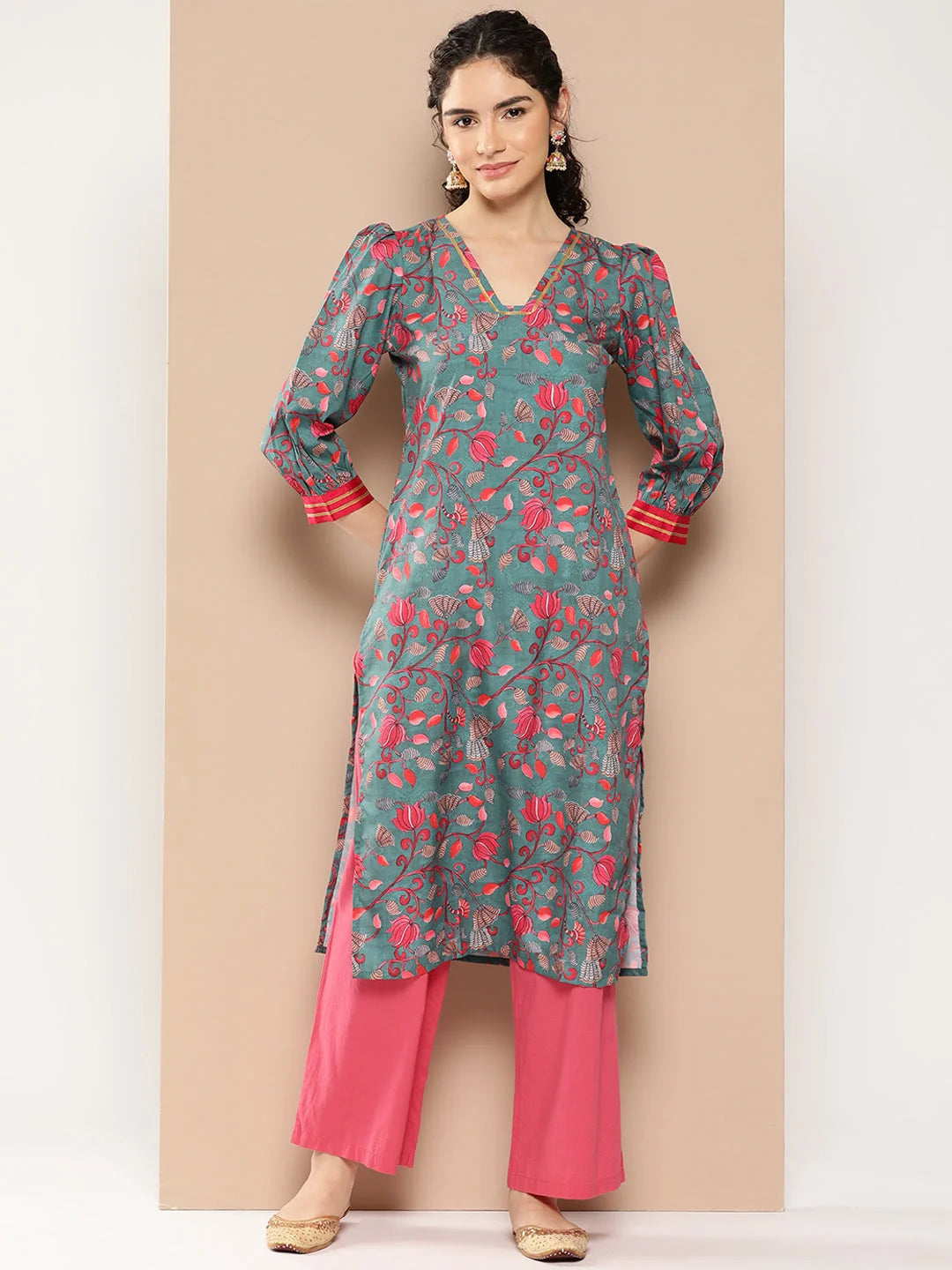 Floral Print Gotta Patti Crepe Indian Kurta for Women