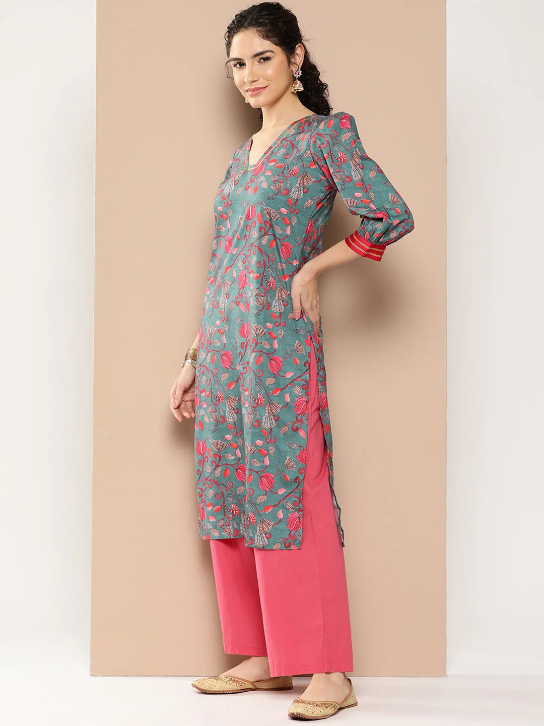 Floral Print Gotta Patti Crepe Indian Kurta for Women