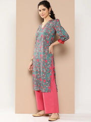 Women Floral Printed Gotta Patti Floral Crepe Kurta-AHKUCRDP-1071-ICH