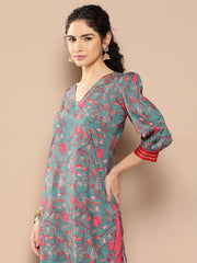 Women Floral Printed Gotta Patti Floral Crepe Kurta-AHKUCRDP-1071-ICH