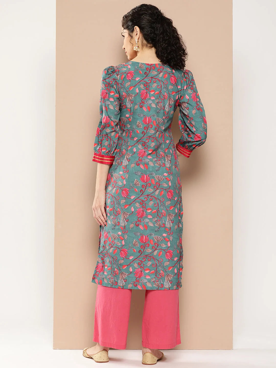 Floral Print Gotta Patti Crepe Indian Kurta for Women