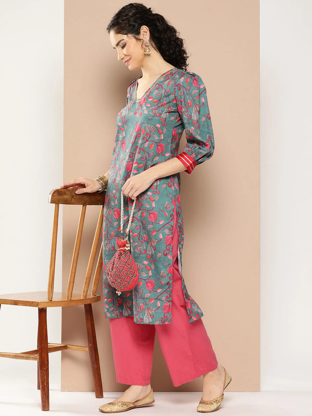 Floral Print Gotta Patti Crepe Indian Kurta for Women
