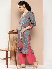 Women Floral Printed Gotta Patti Floral Crepe Kurta-AHKUCRDP-1071-ICH