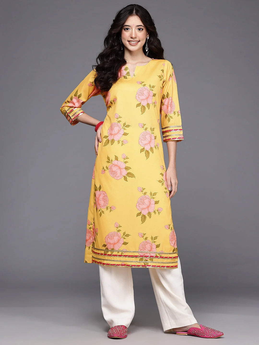 Women's Yellow Fusion Kurta-AHKUCRDP-1158