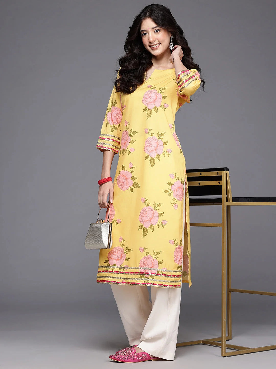 Women's Yellow Fusion Kurta-AHKUCRDP-1158