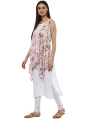 White & Pink Floral Scarf Cape attached Straight Kurta-AHKUCRDP-631