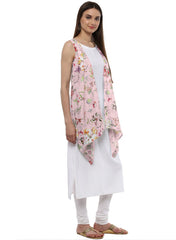 White & Pink Floral Scarf Cape attached Straight Kurta-AHKUCRDP-631