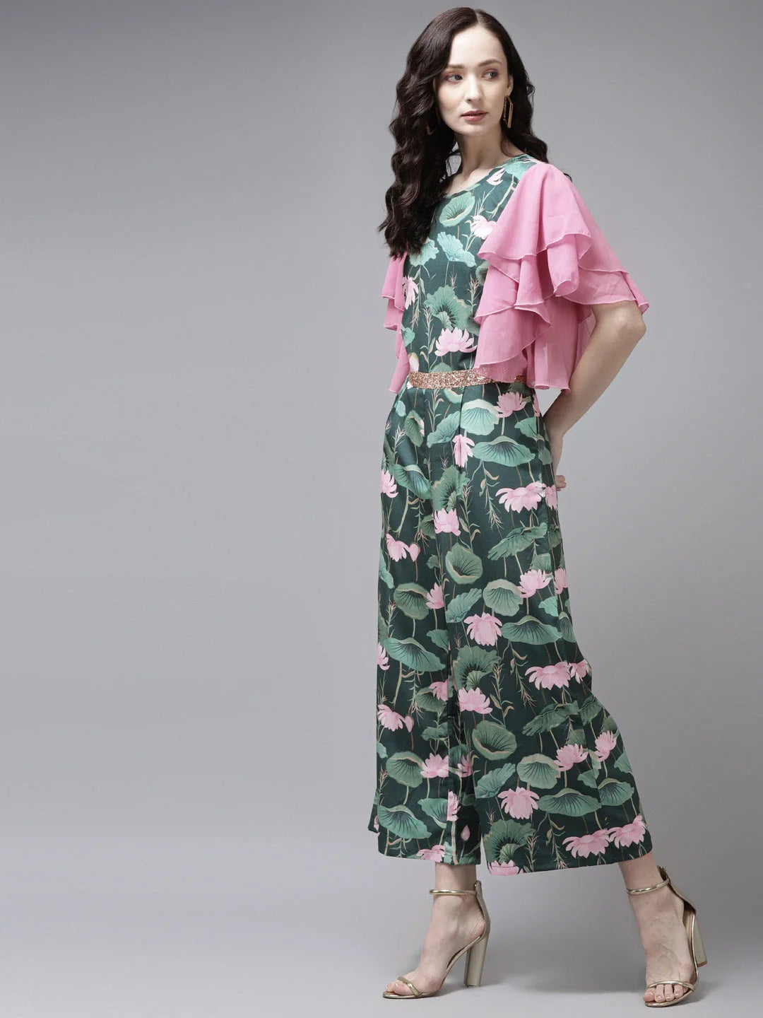 Dark Green Jumpsuit: Floral Printed Trendy Women's Jumpsuits