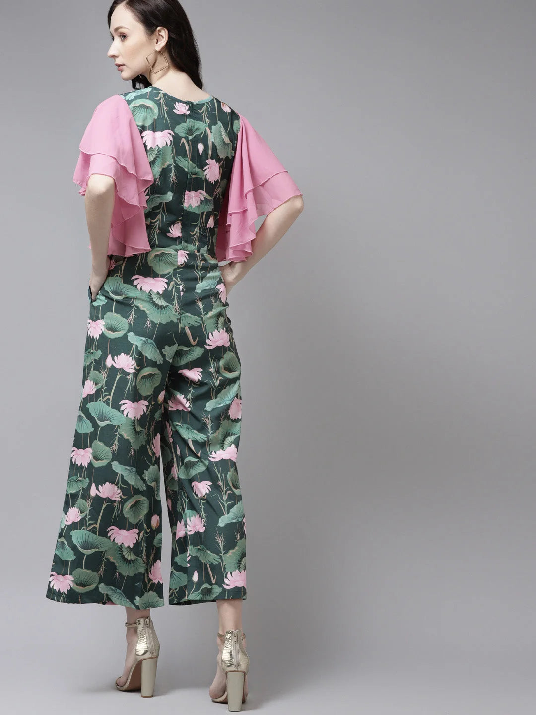 Dark Green Jumpsuit: Floral Printed Trendy Women's Jumpsuits