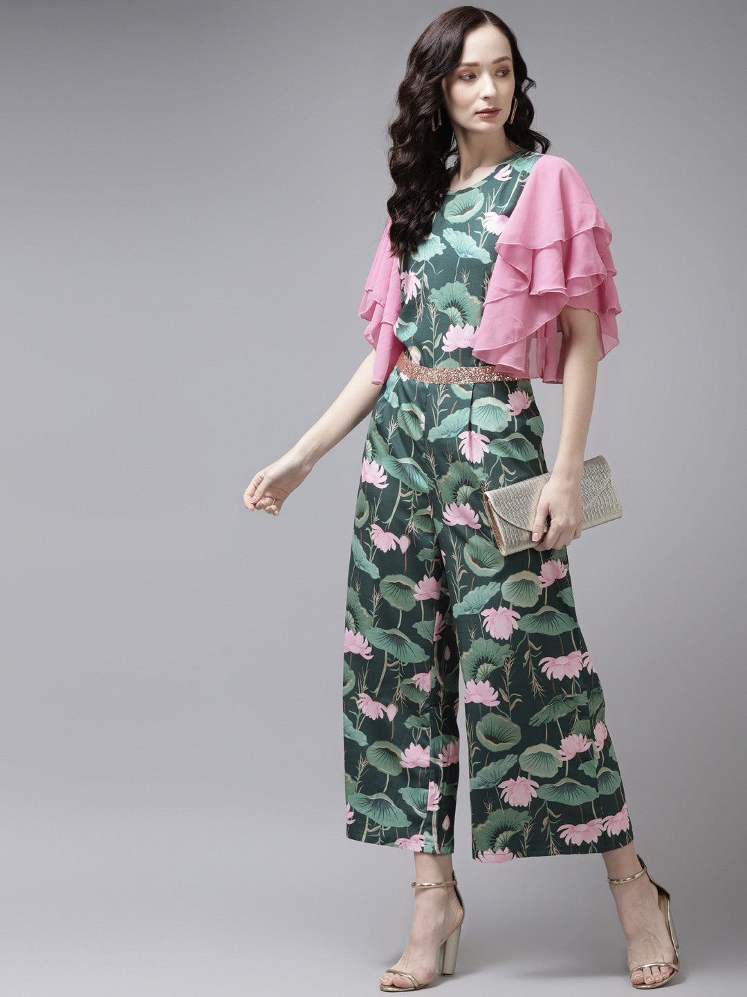 Dark Green Jumpsuit: Floral Printed Trendy Women's Jumpsuits
