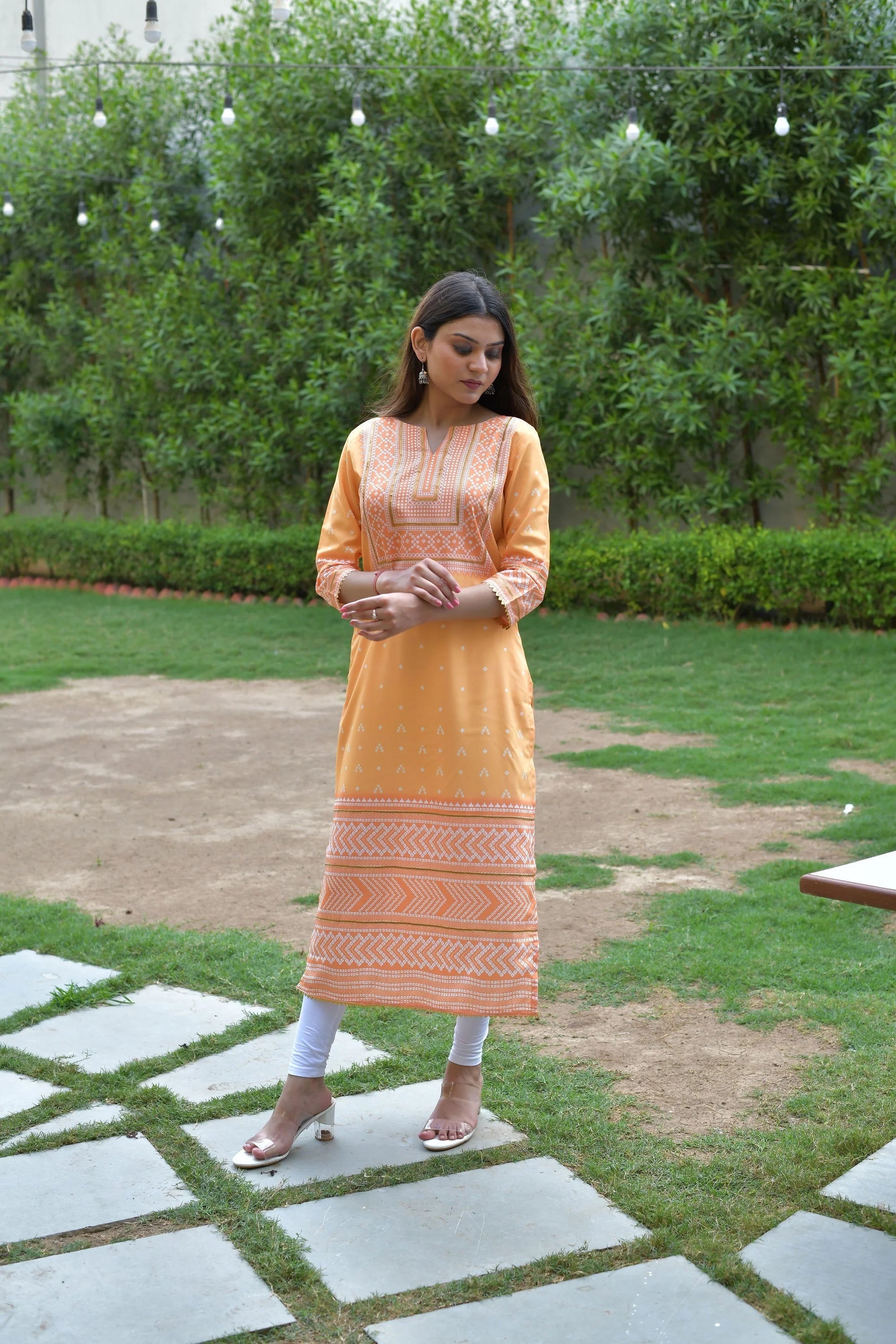 Yellow Geometric Print Polyester Indian Kurta for Women