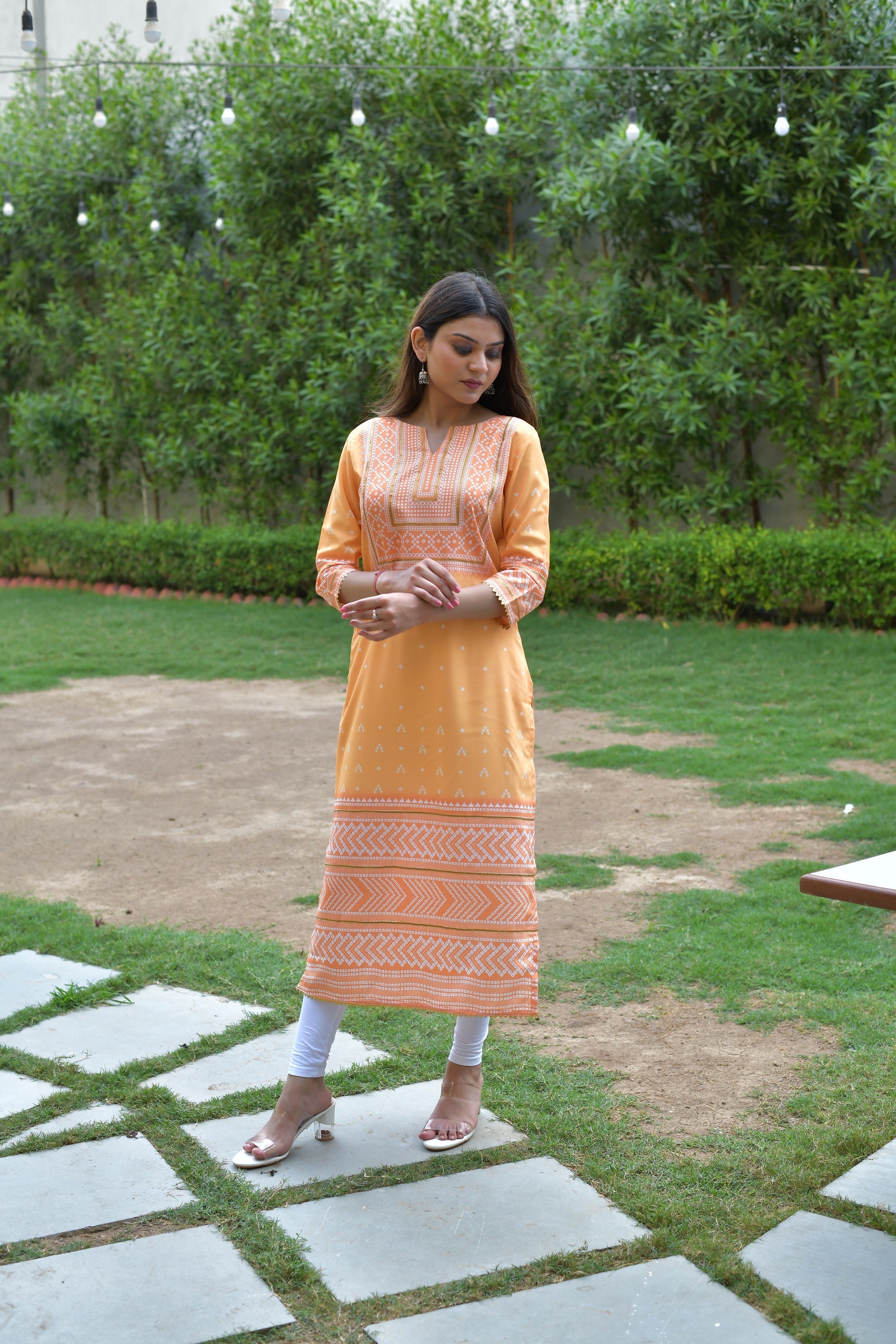 Yellow Geometric Print Polyester Indian Kurta for Women