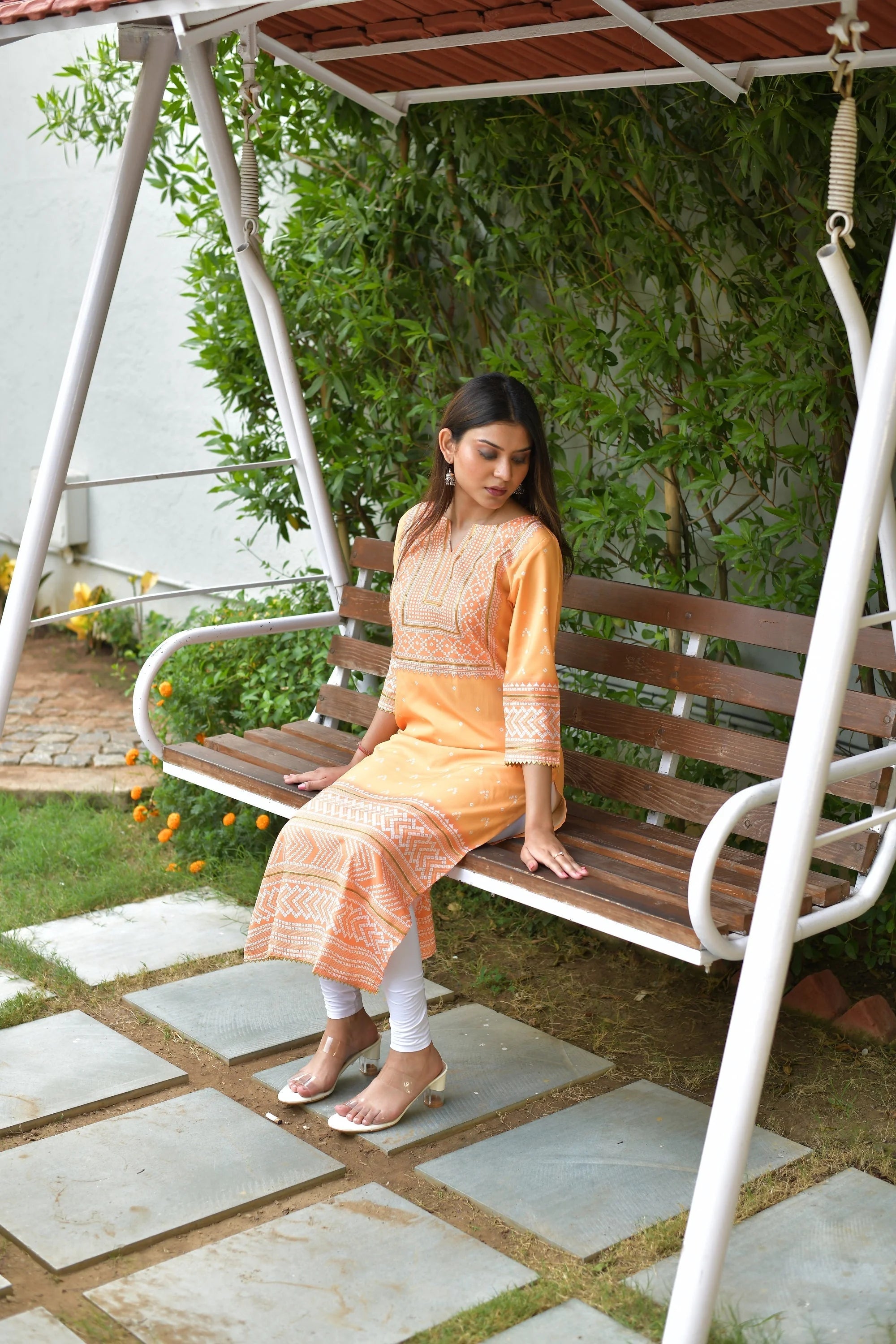 Yellow Geometric Print Polyester Indian Kurta for Women