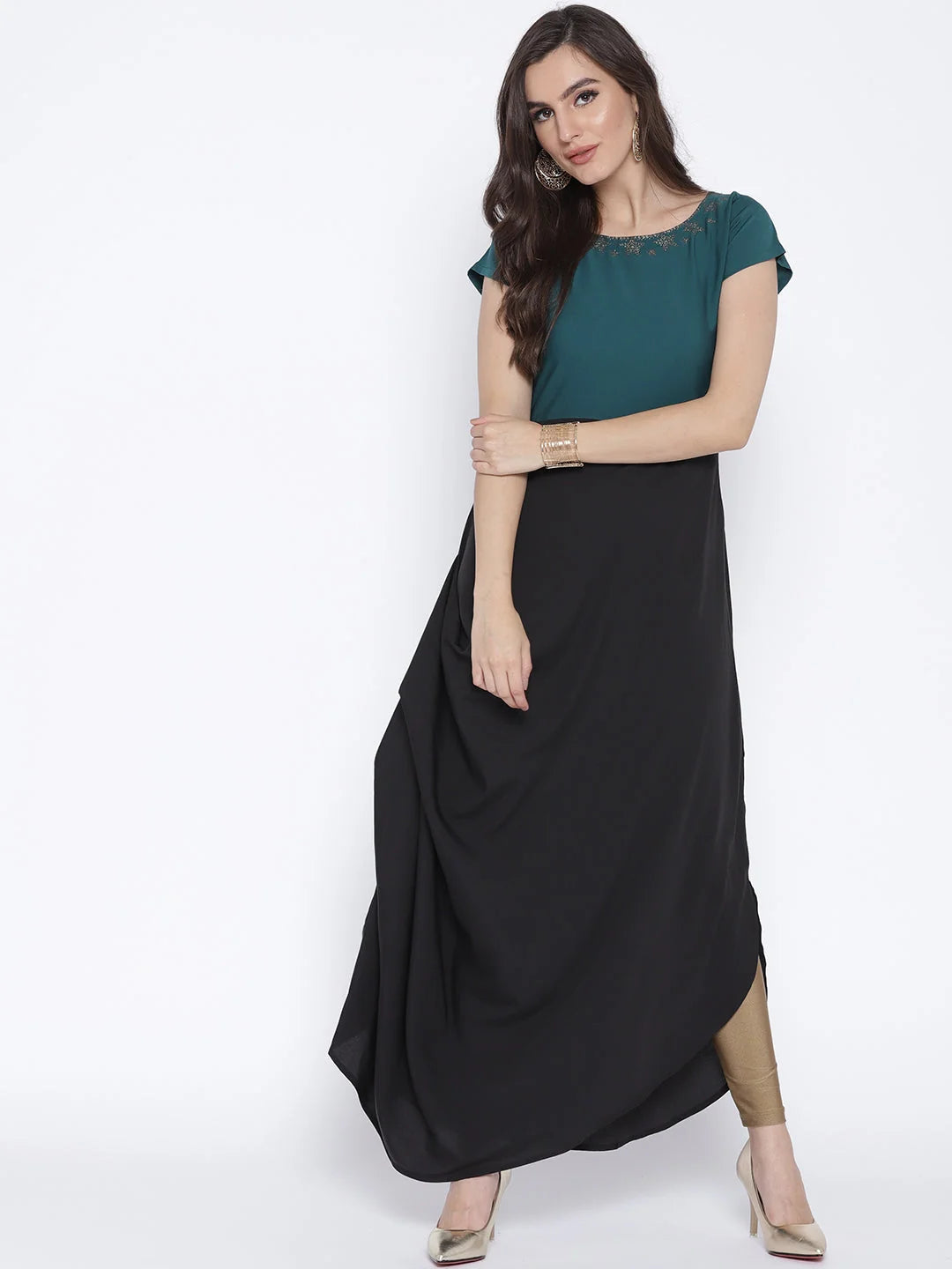 Colourblocked A-Line Indian Kurtas - Black & Green Printed Style