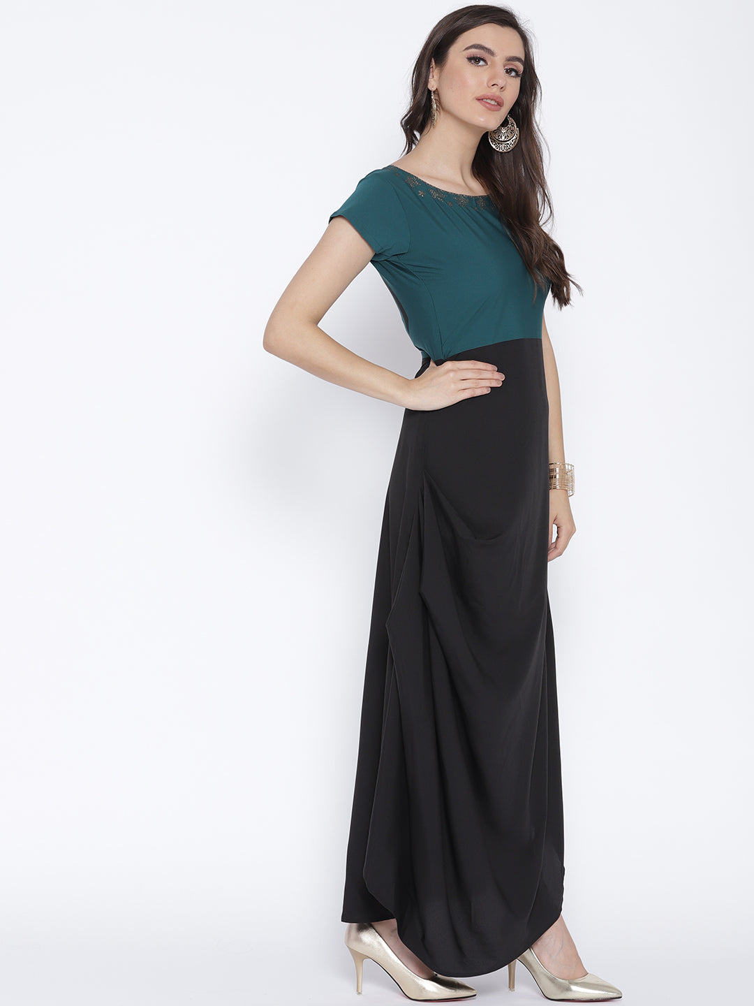 Colourblocked A-Line Indian Kurtas - Black & Green Printed Style