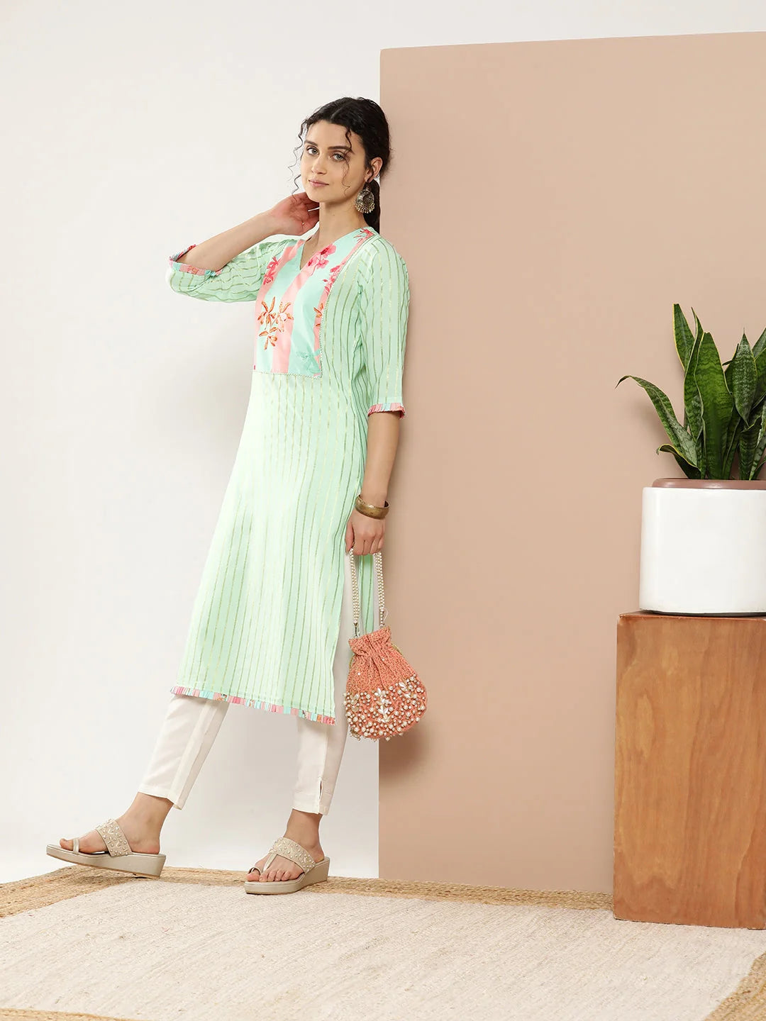 Striped Floral Indian Kurta Ladies | Sea Green & Pink Crepe