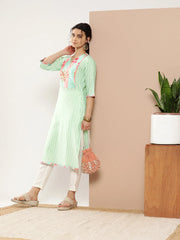 Women Sea Green & Pink Striped Gotta Patti Floral Crepe Kurta-AHKUCRFP-1039-ICH