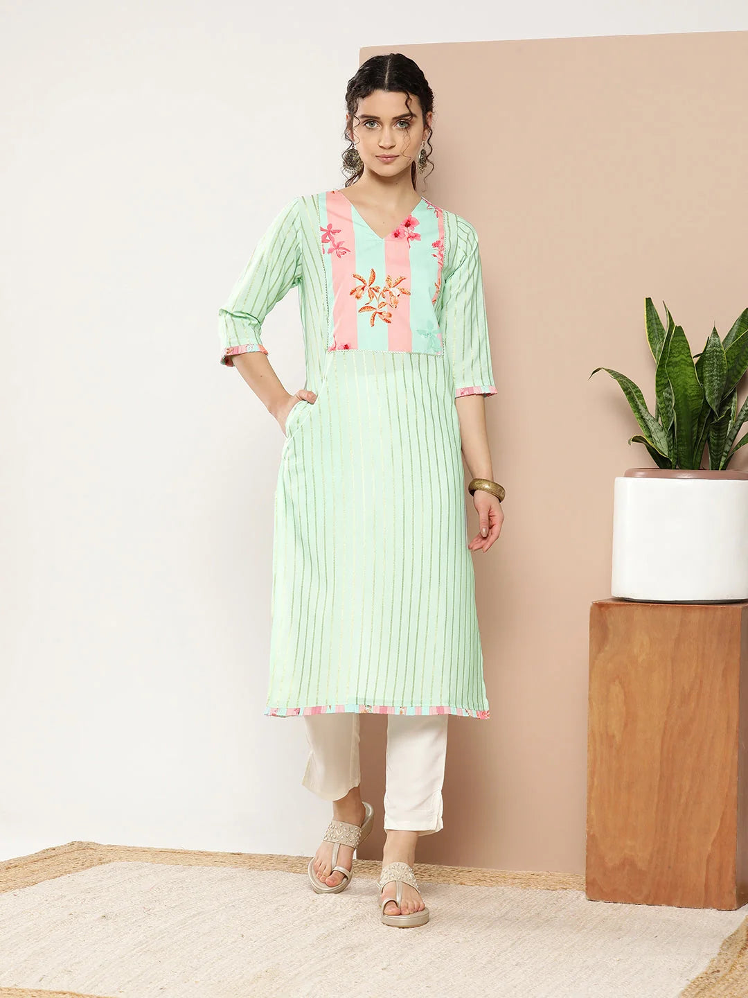 Striped Floral Indian Kurta Ladies | Sea Green & Pink Crepe