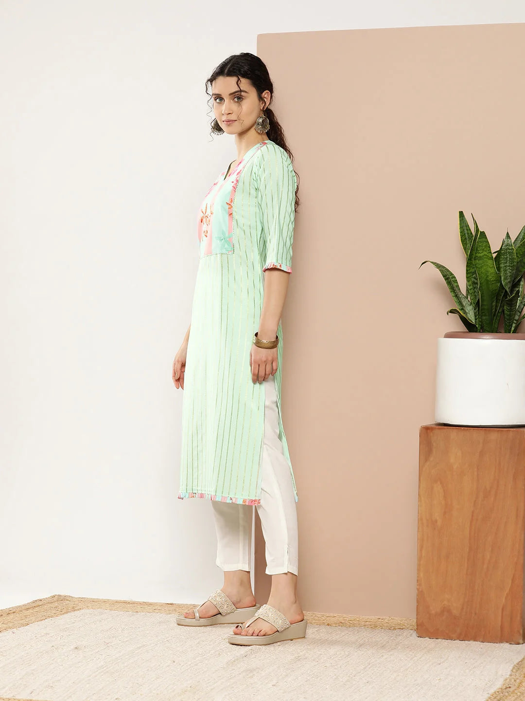 Striped Floral Indian Kurta Ladies | Sea Green & Pink Crepe